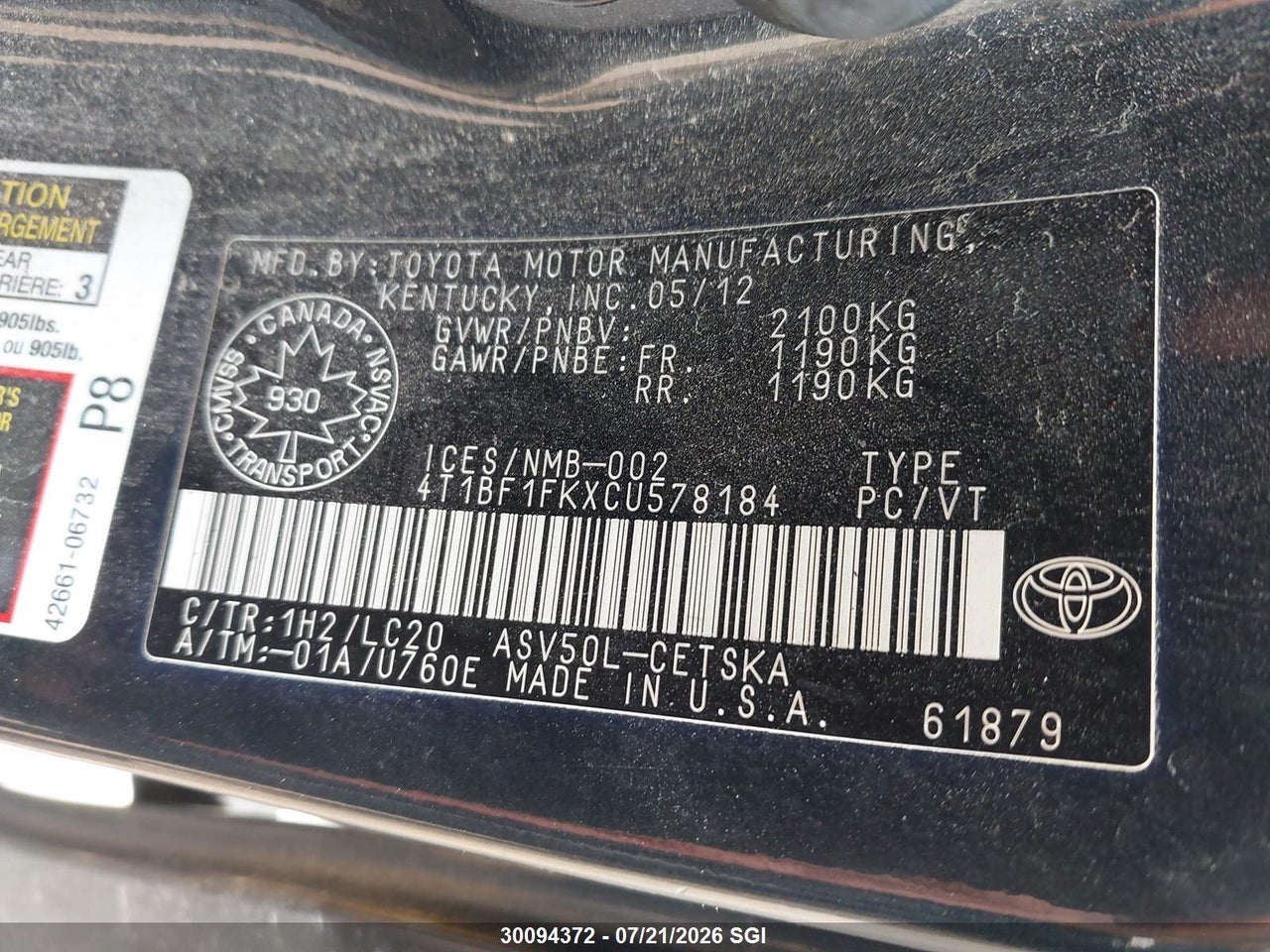 2012 TOYOTA CAMRY SE/LE/XLE thumbnail 10