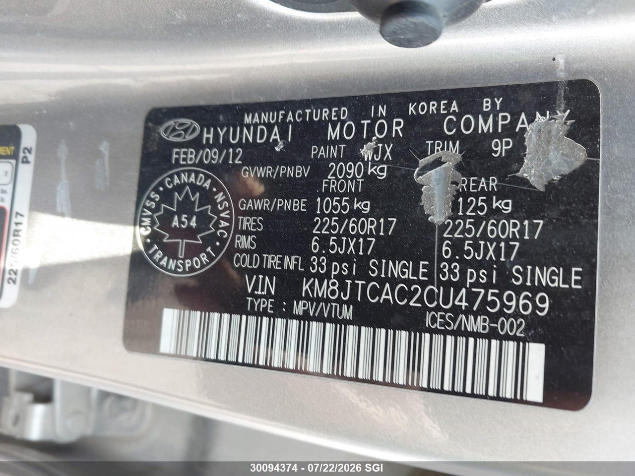 2012 HYUNDAI TUCSON GL thumbnail 10