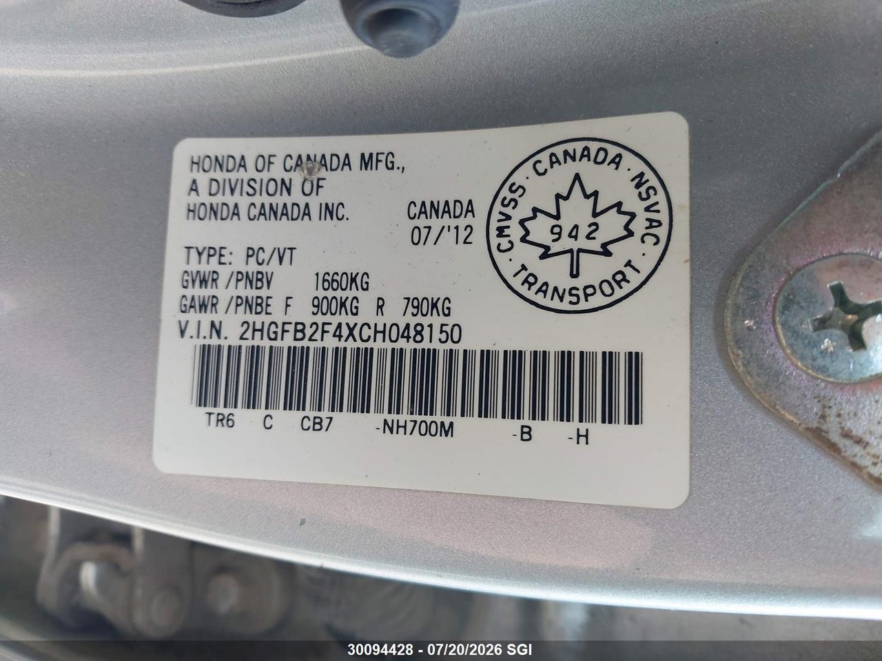 2012 HONDA CIVIC LX thumbnail 10
