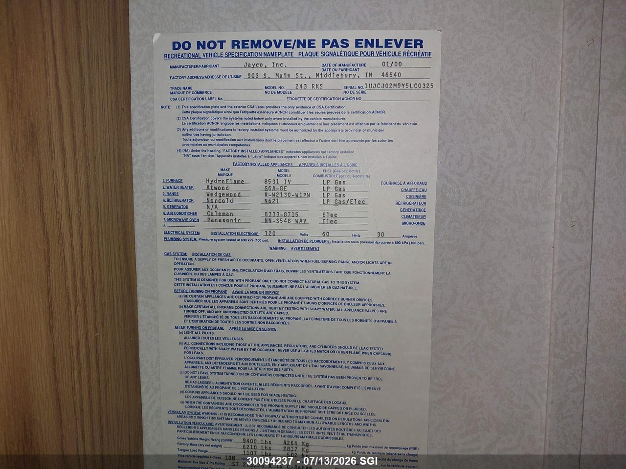 2000 JAYCO EAGLE 243RKS thumbnail 10