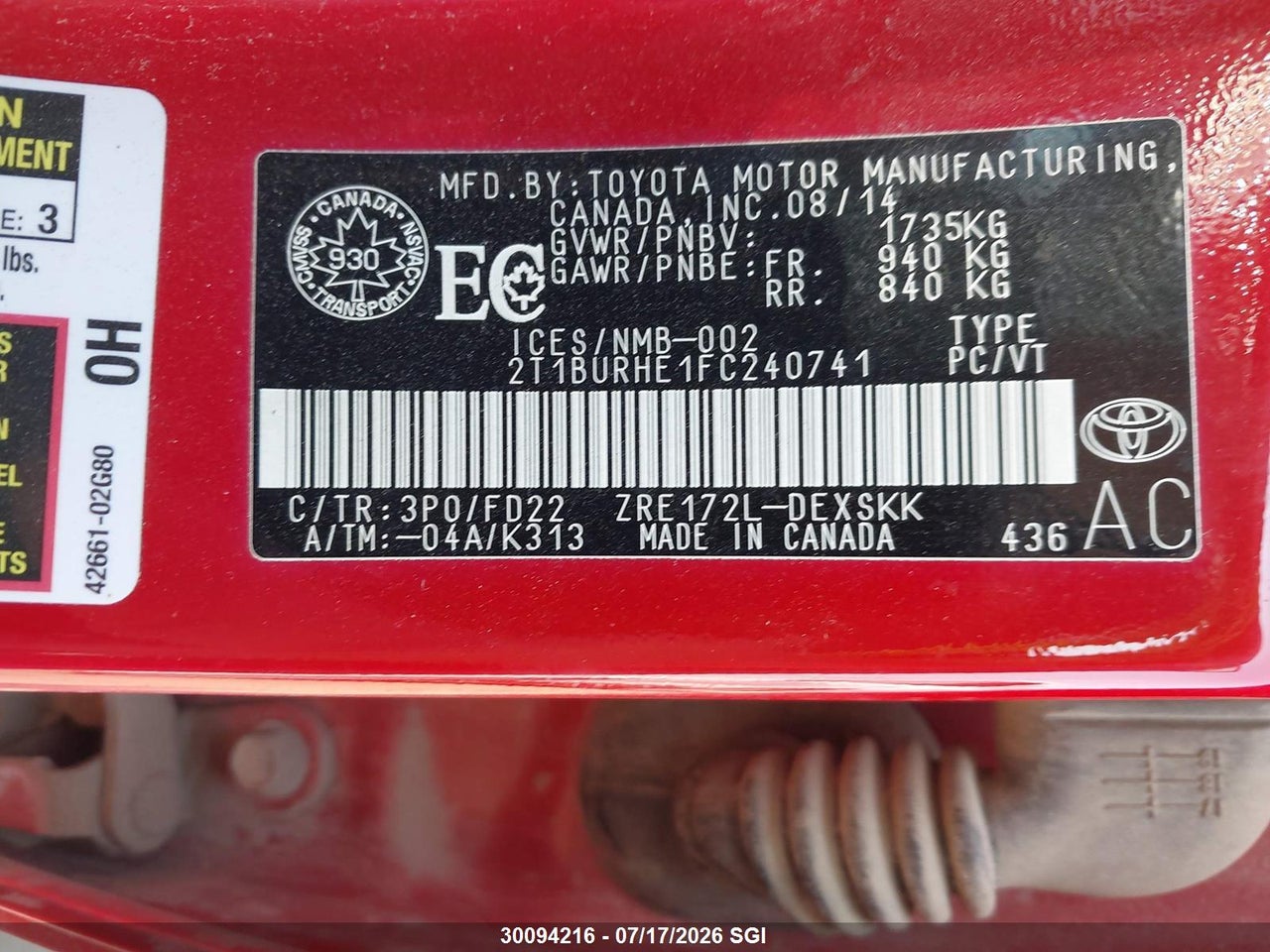 2015 TOYOTA COROLLA L/LE/LE PLS/PRM/S/S PLS thumbnail 10