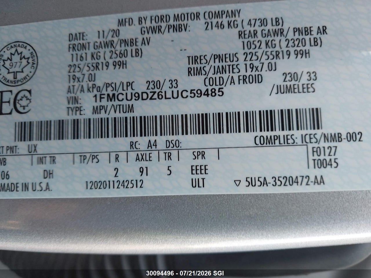 2020 FORD ESCAPE TITANIUM thumbnail 10