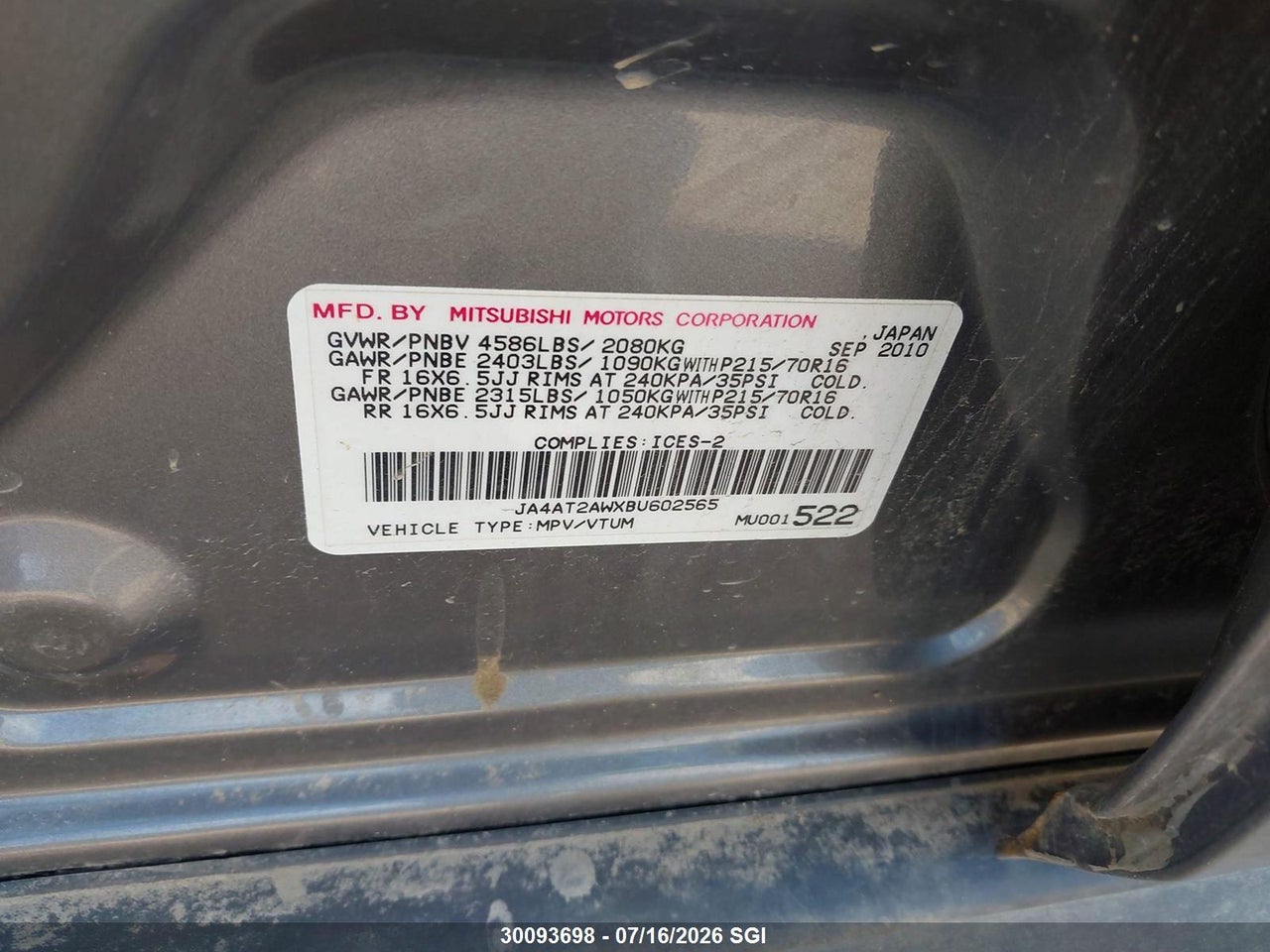 2011 MITSUBISHI OUTLANDER ES thumbnail 10