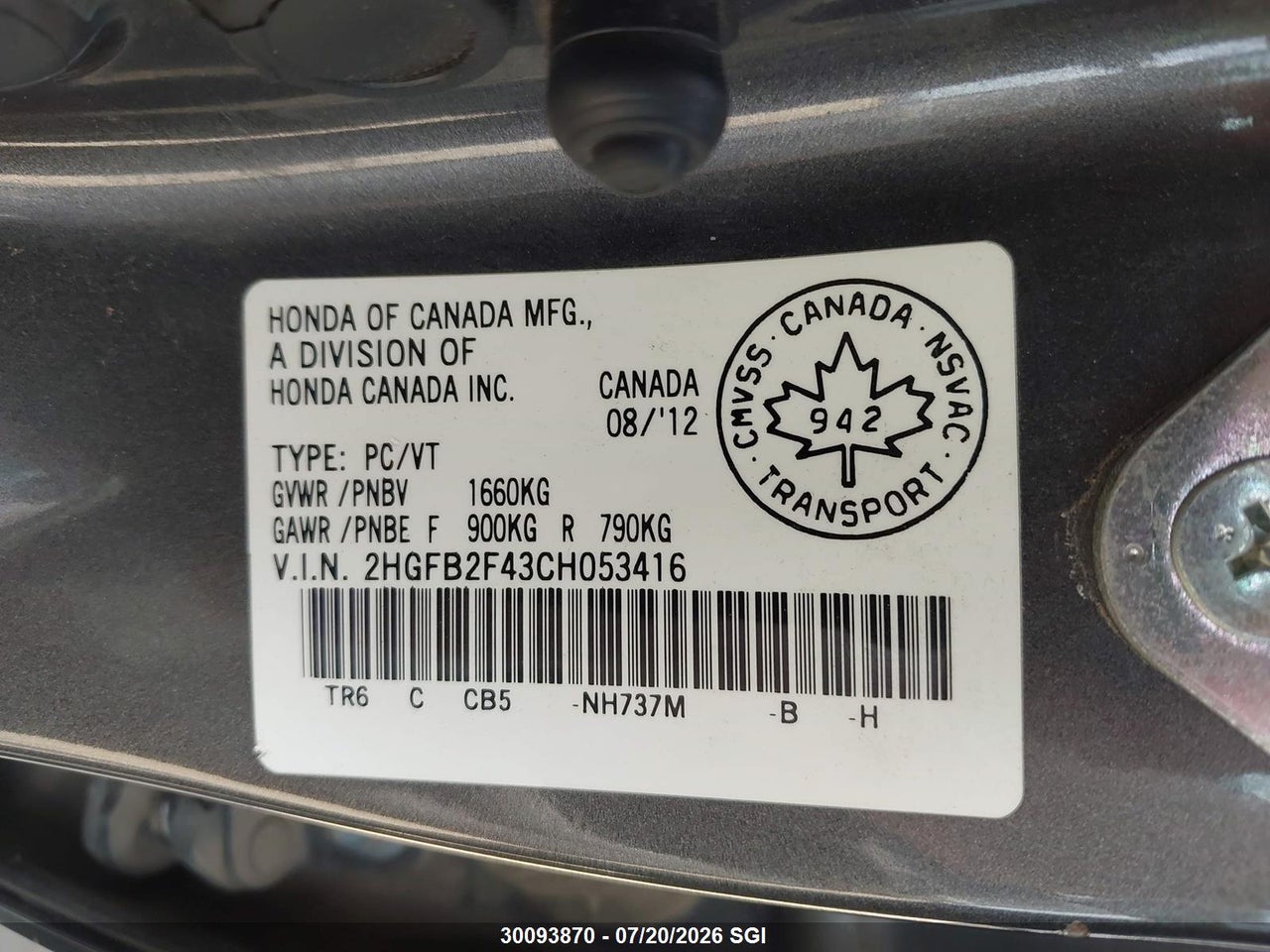 2012 HONDA CIVIC LX thumbnail 10