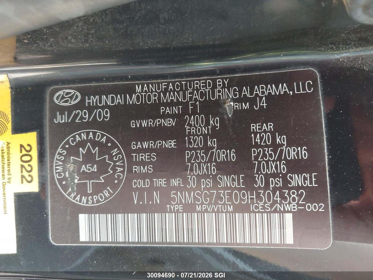 2009 HYUNDAI SANTA FE GL thumbnail 10