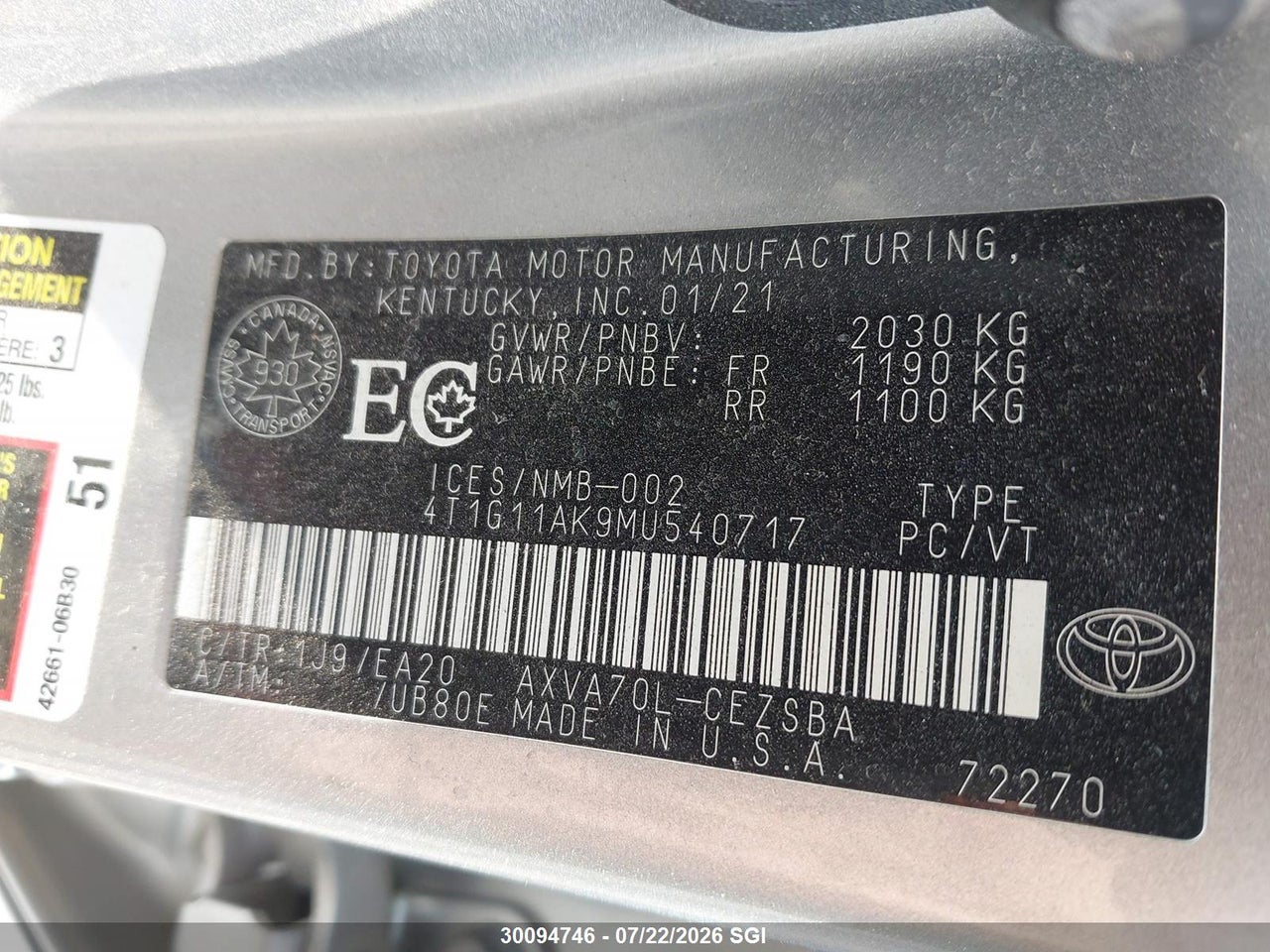 2021 TOYOTA CAMRY SE/SE NIGHT SHADE thumbnail 10