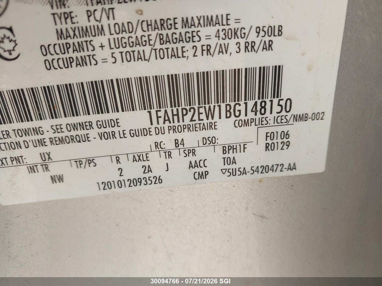 2011 FORD TAURUS SEL thumbnail 10