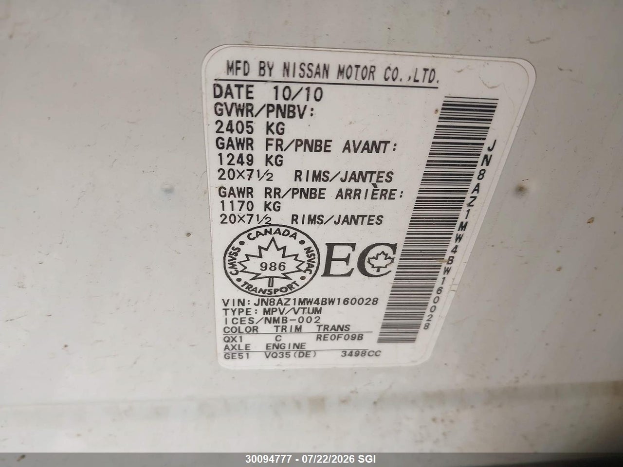 2011 NISSAN MURANO S/SL/LE thumbnail 10