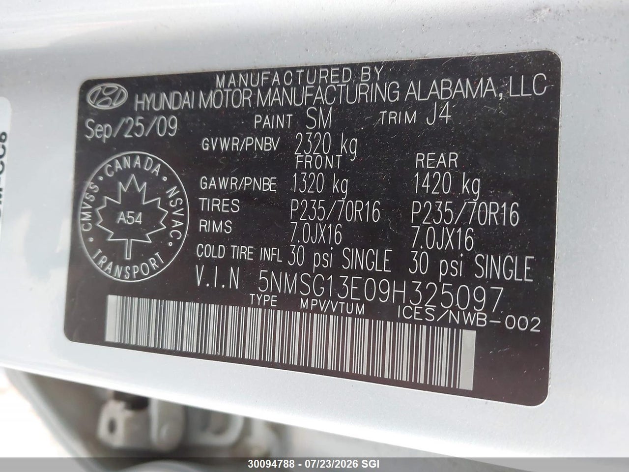 2009 HYUNDAI SANTA FE GL thumbnail 10