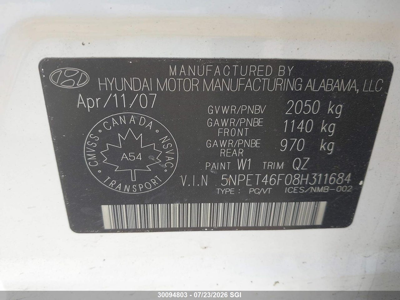 2008 HYUNDAI SONATA GLS thumbnail 10