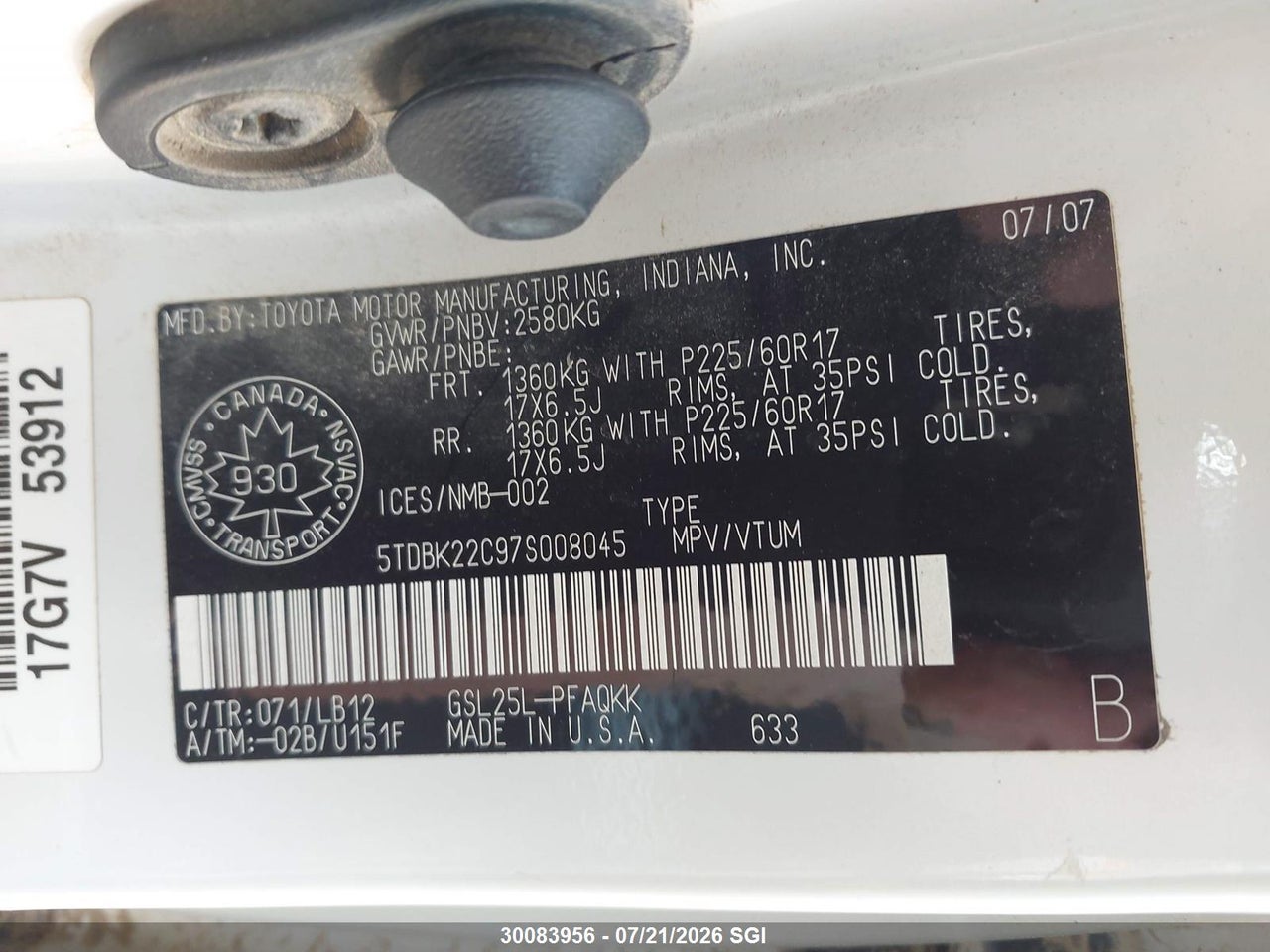 2007 TOYOTA SIENNA XLE/XLE LIMITED thumbnail 10