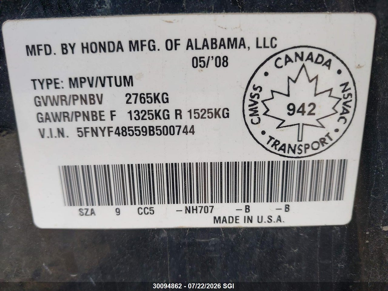2009 HONDA PILOT EXL thumbnail 10