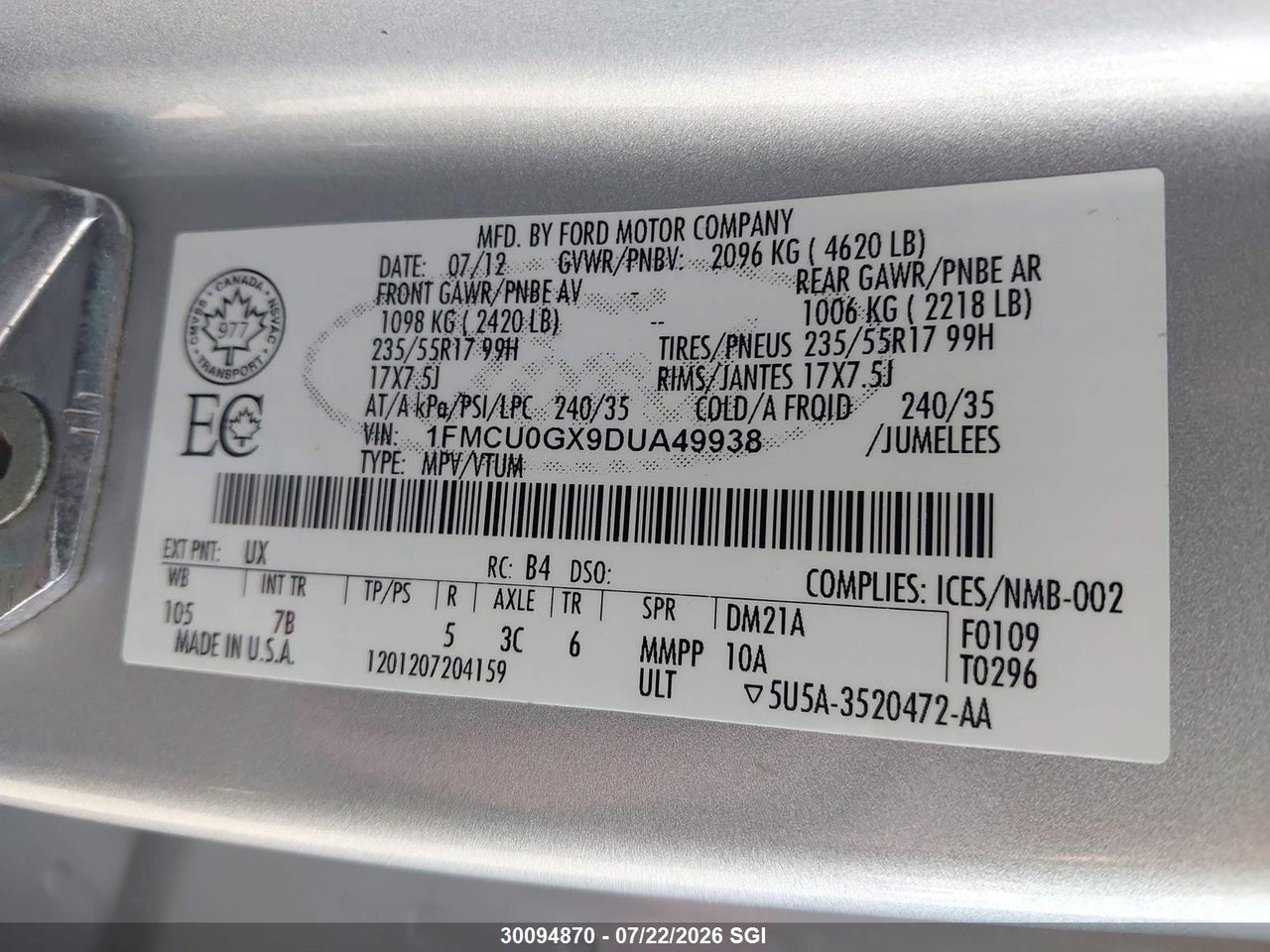 2013 FORD ESCAPE SE thumbnail 10