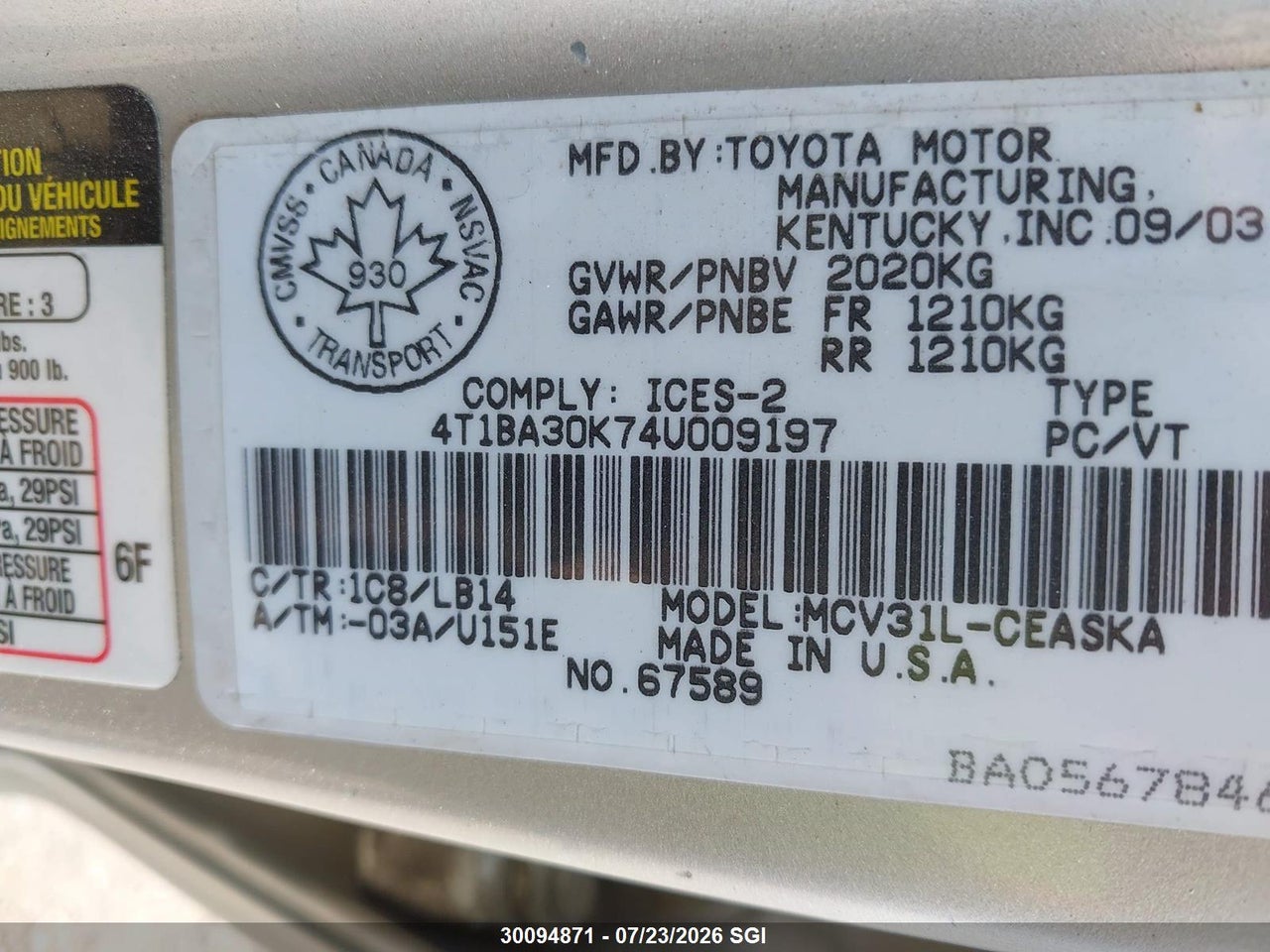 2004 TOYOTA CAMRY SE thumbnail 10