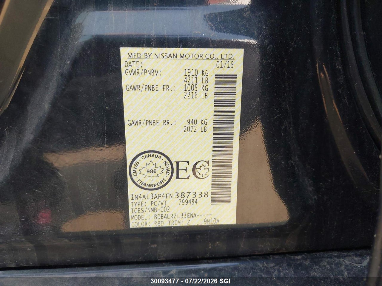 2015 NISSAN Altima 2.5/S/SV/SL thumbnail 10