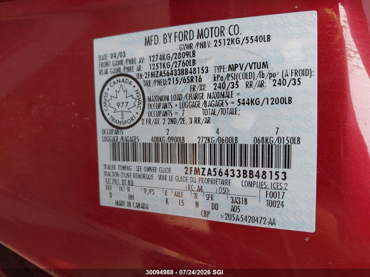 2003 FORD WINDSTAR SEL thumbnail 10