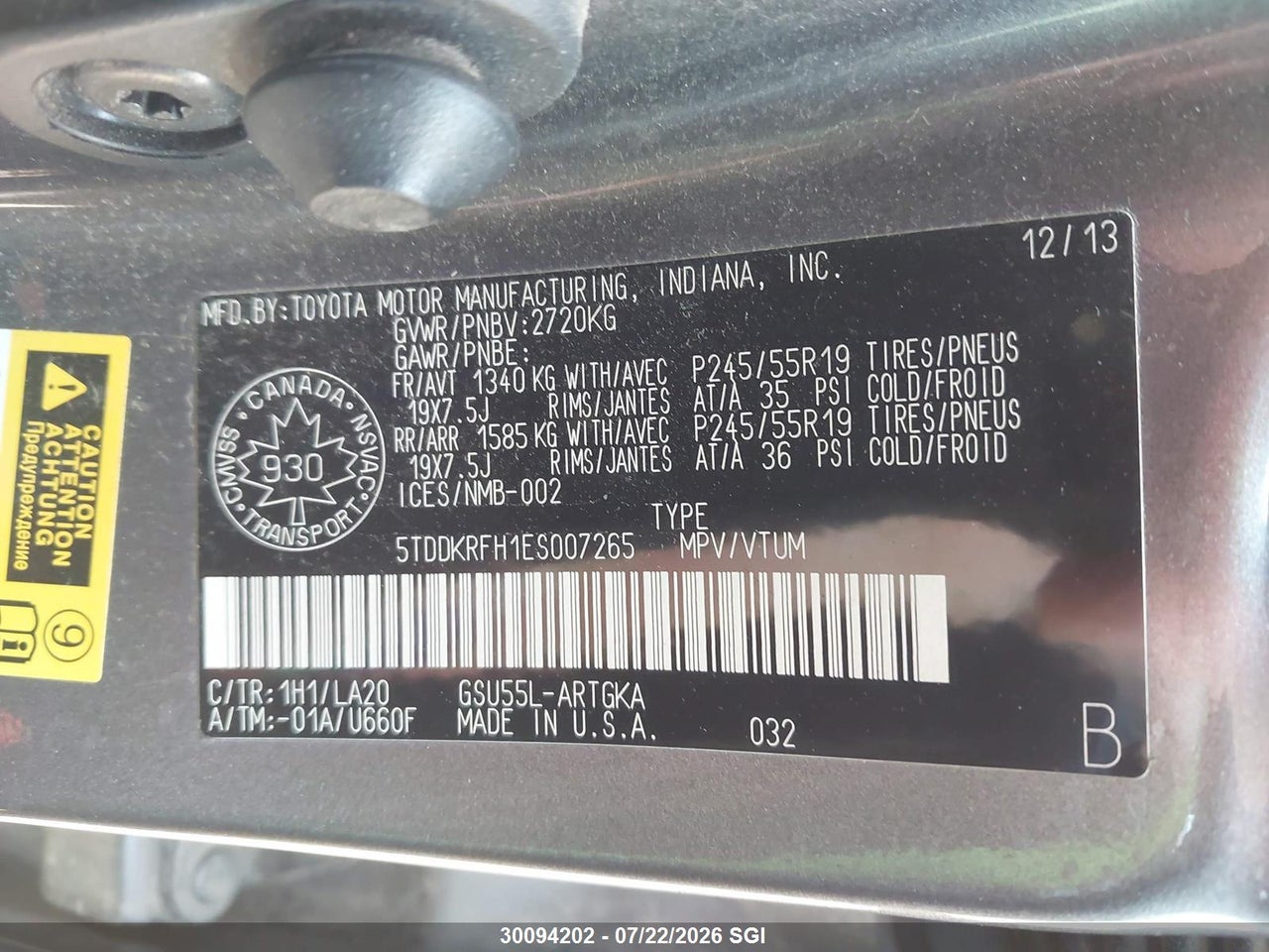 2014 TOYOTA HIGHLANDER LIMITED/LTD PLATNUM thumbnail 10