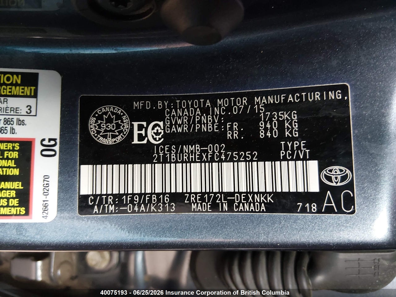 2015 TOYOTA COROLLA L/LE/LE PLS/PRM/S/S PLS thumbnail 10