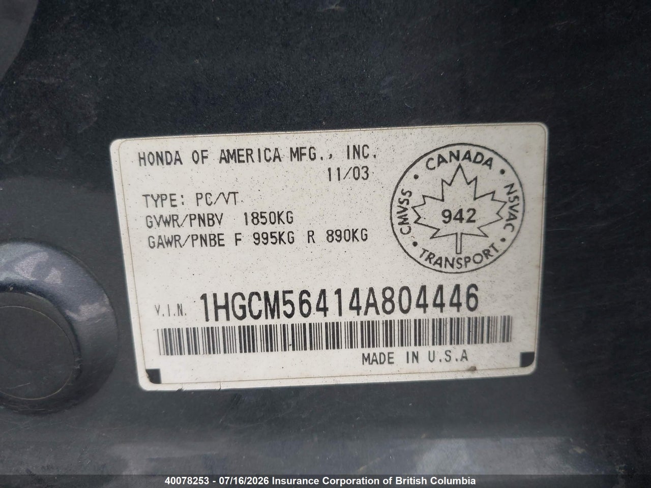 2004 HONDA ACCORD LX thumbnail 10