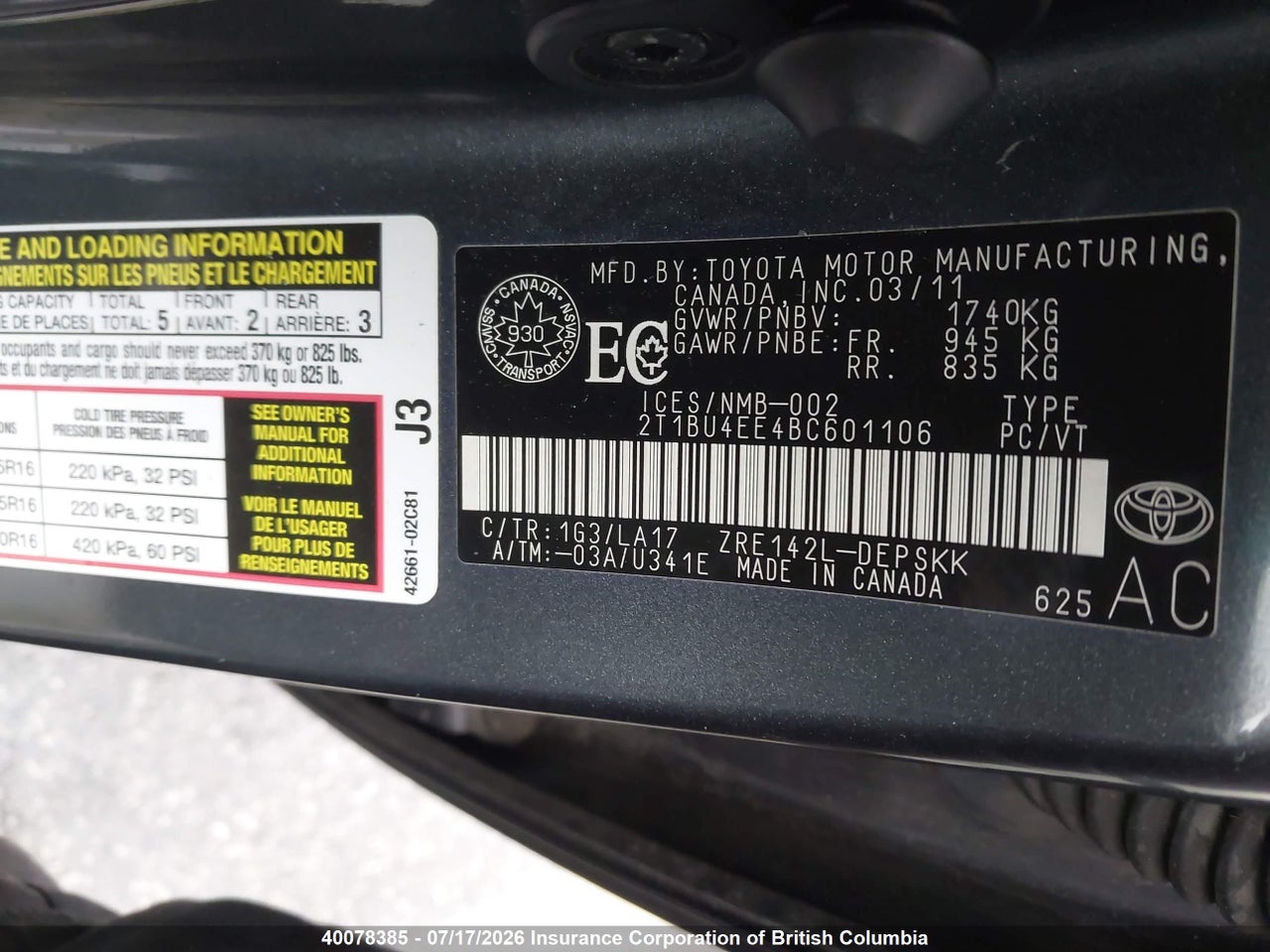 2011 TOYOTA COROLLA S/LE thumbnail 10