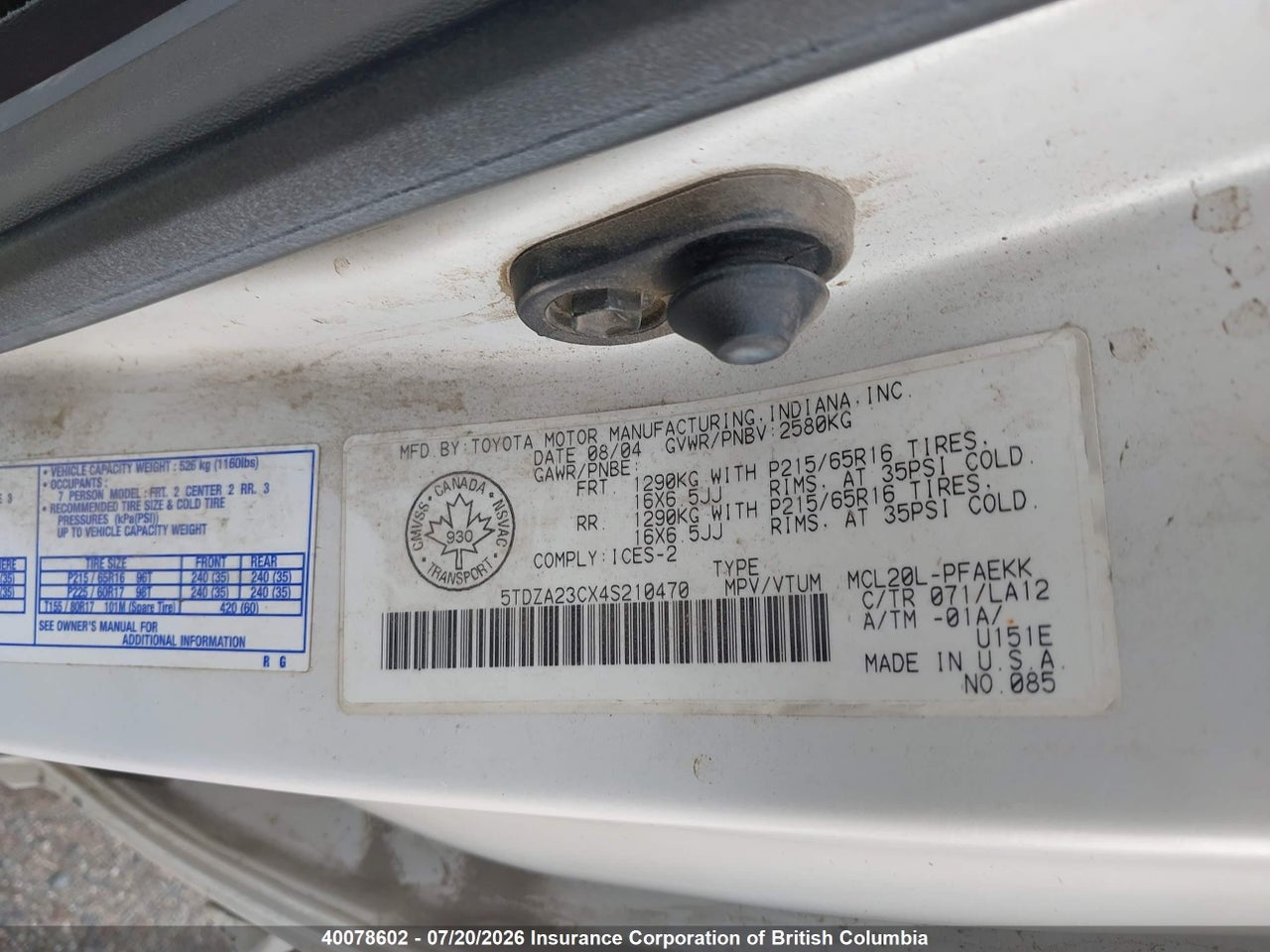 2004 TOYOTA SIENNA CE/LE thumbnail 10