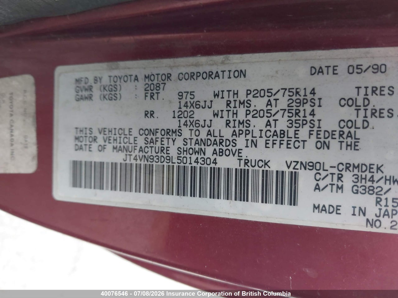 1990 TOYOTA PICKUP 1/2 TON EX LNG WHLBSE DLX thumbnail 10
