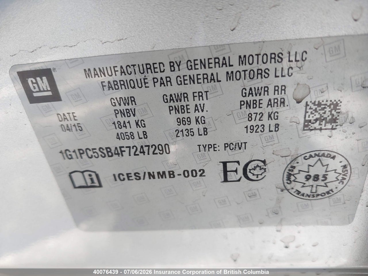 1G1PC5SB4F7247290 · 2015 CHEVROLET CRUZE LT · 9/12