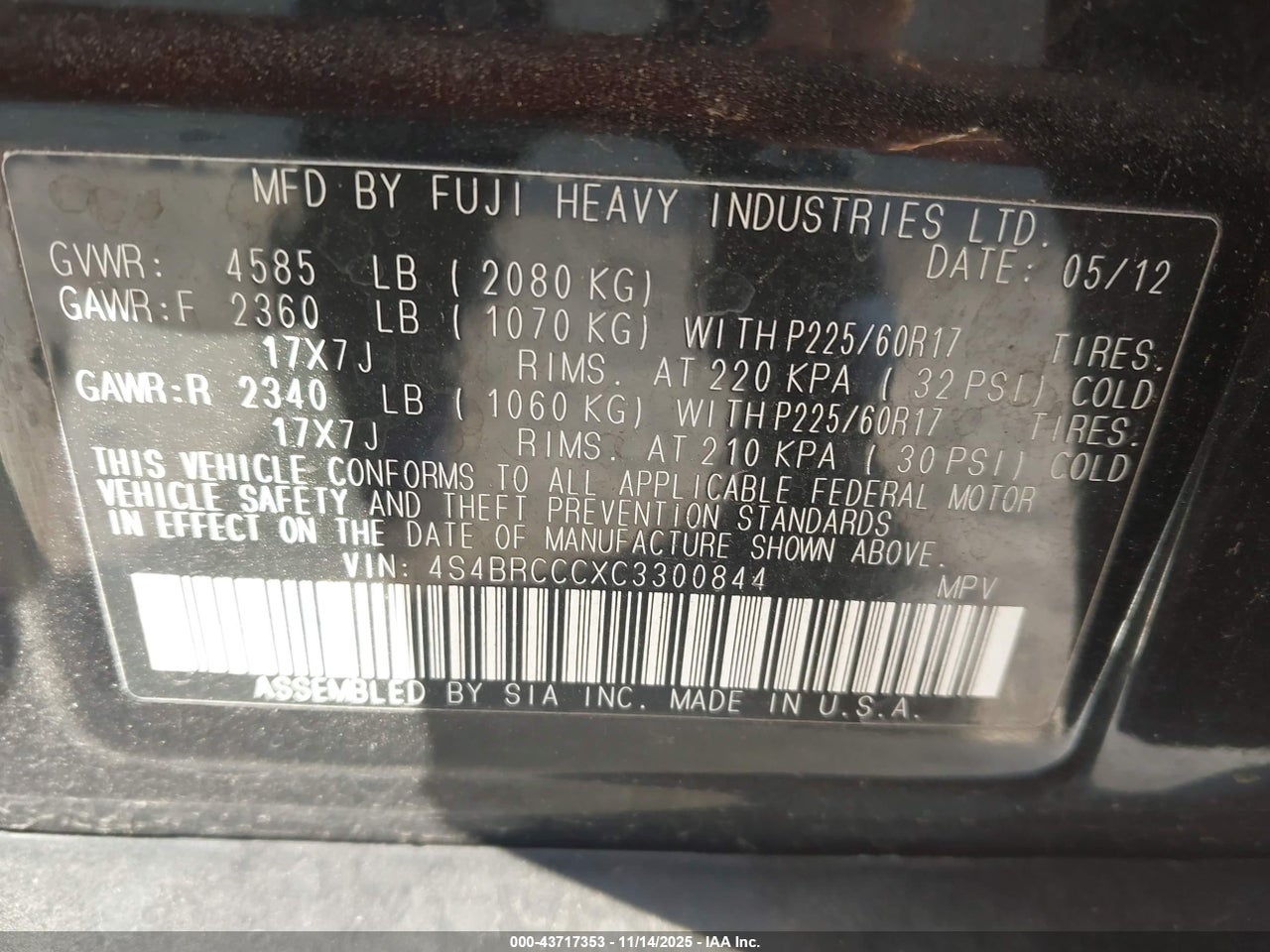 2012 SUBARU OUTBACK 2.5I PREMIUM thumbnail 10