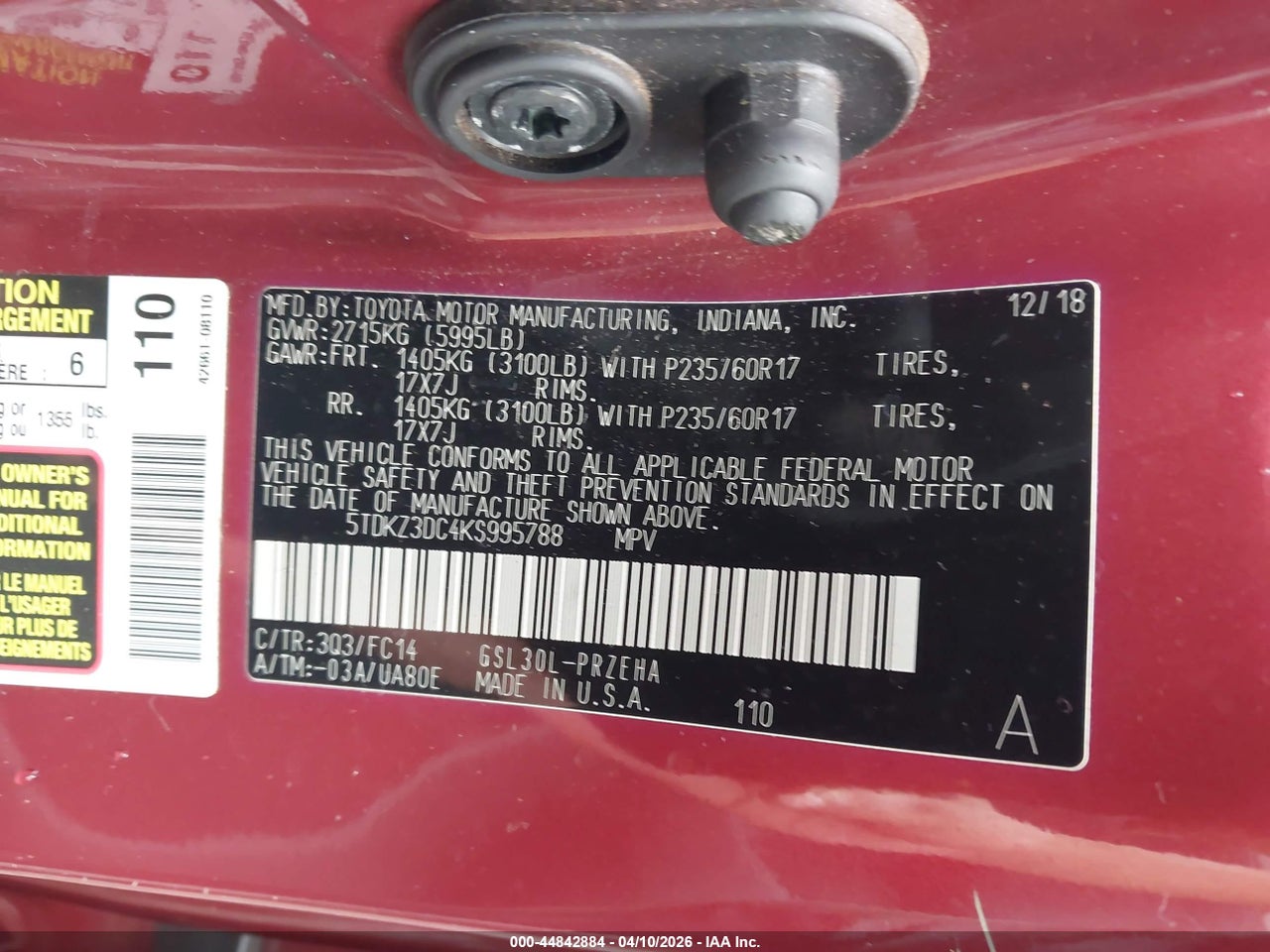 2019 TOYOTA SIENNA LE 7 PASSENGER thumbnail 10