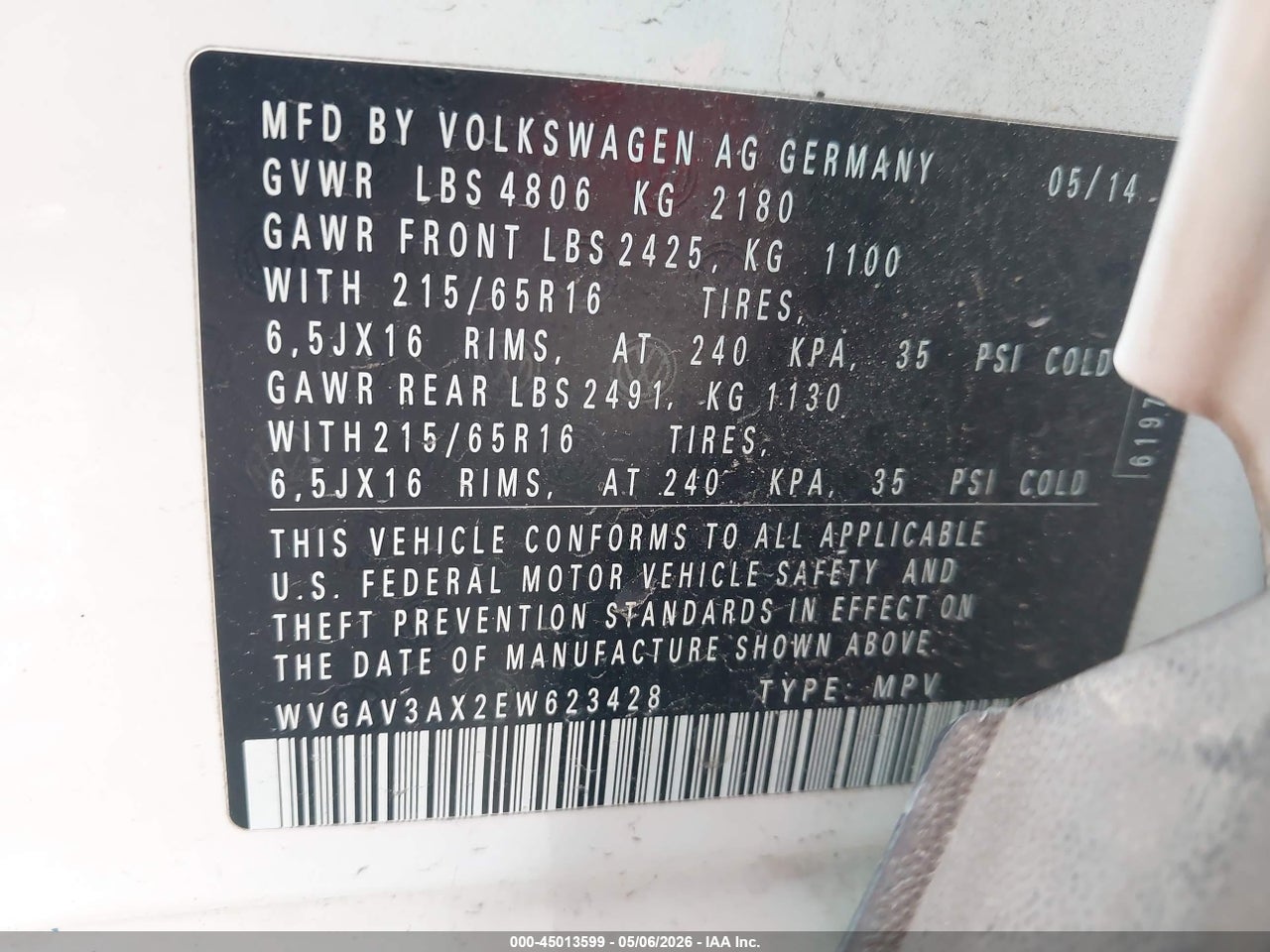 2014 VOLKSWAGEN TIGUAN S thumbnail 10