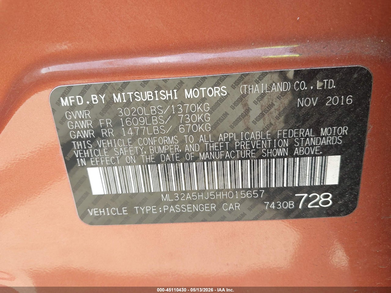 2017 MITSUBISHI MIRAGE GT thumbnail 10