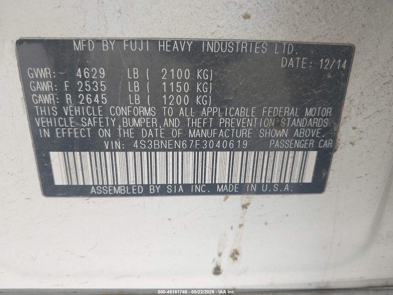 2015 SUBARU LEGACY 3.6R LIMITED thumbnail 10