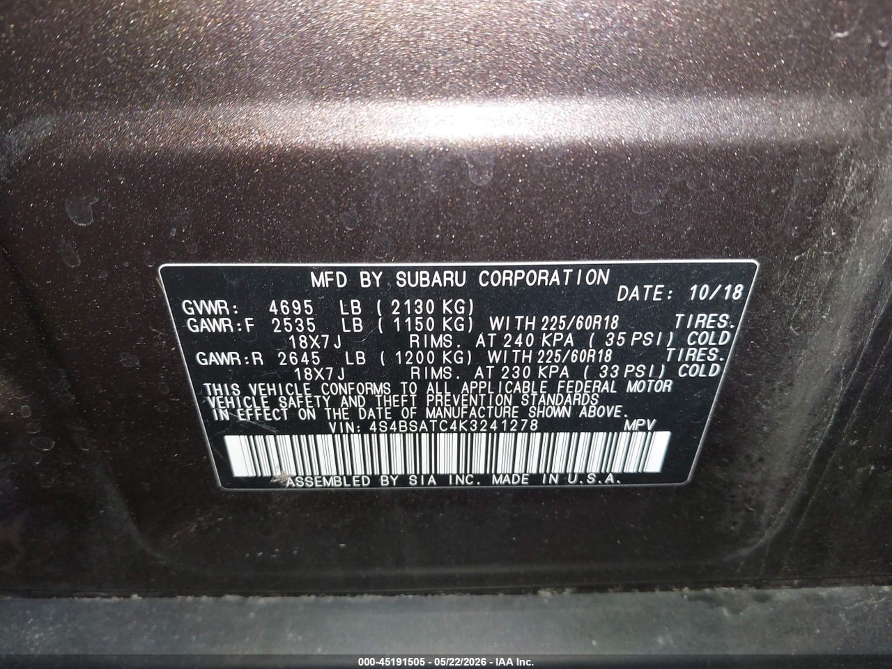 2019 SUBARU OUTBACK 2.5I TOURING thumbnail 10