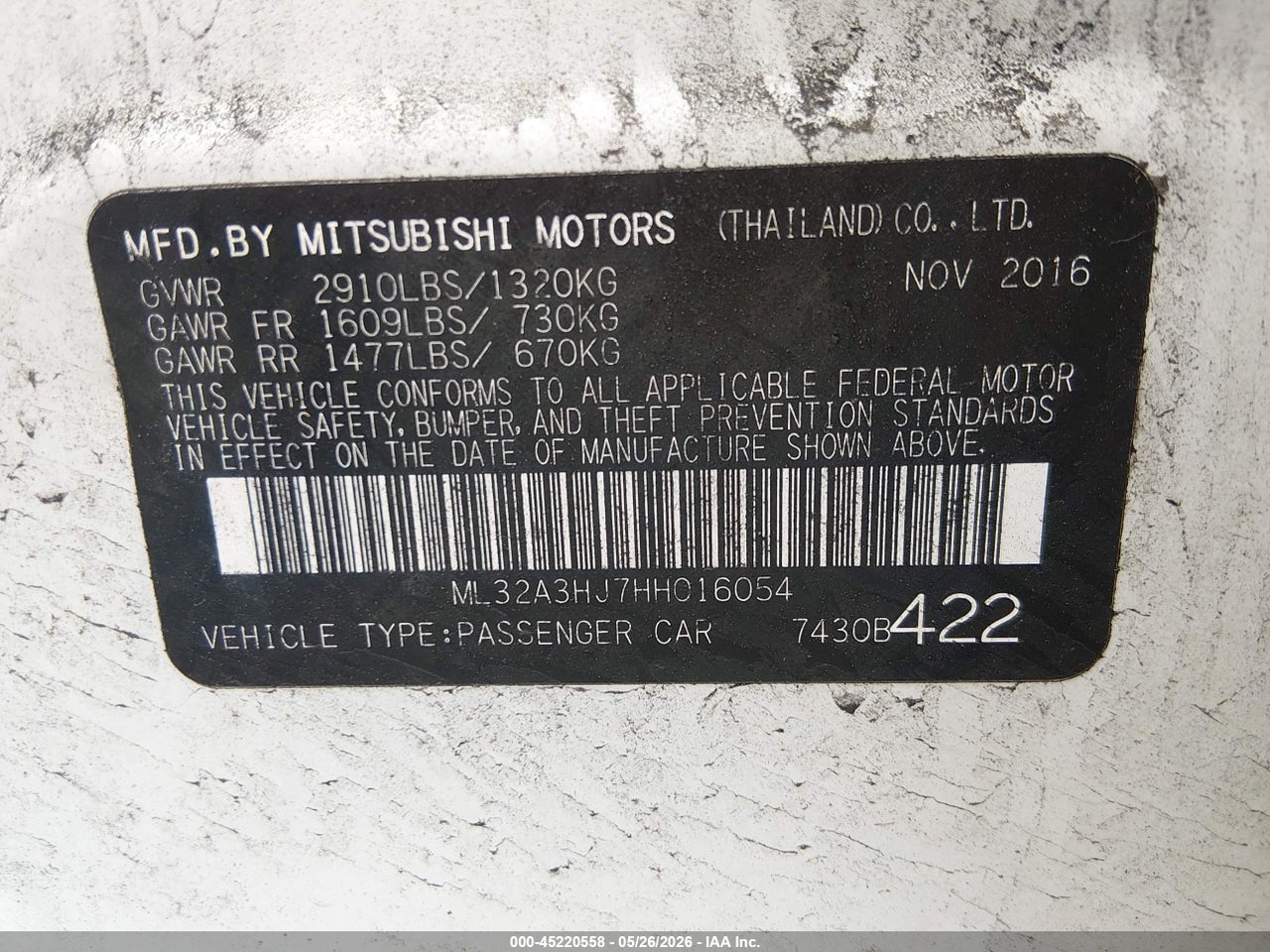 ML32A3HJ7HH****** · 2017 MITSUBISHI MIRAGE ES · 9/12