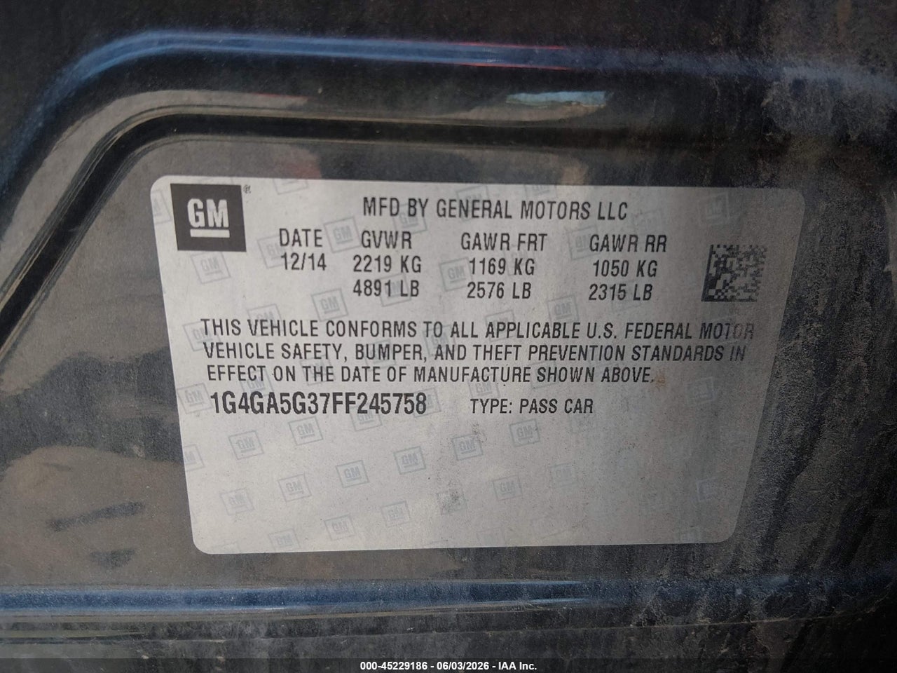 1G4GA5G37FF****** · 2015 BUICK LACROSSE   · 9/12