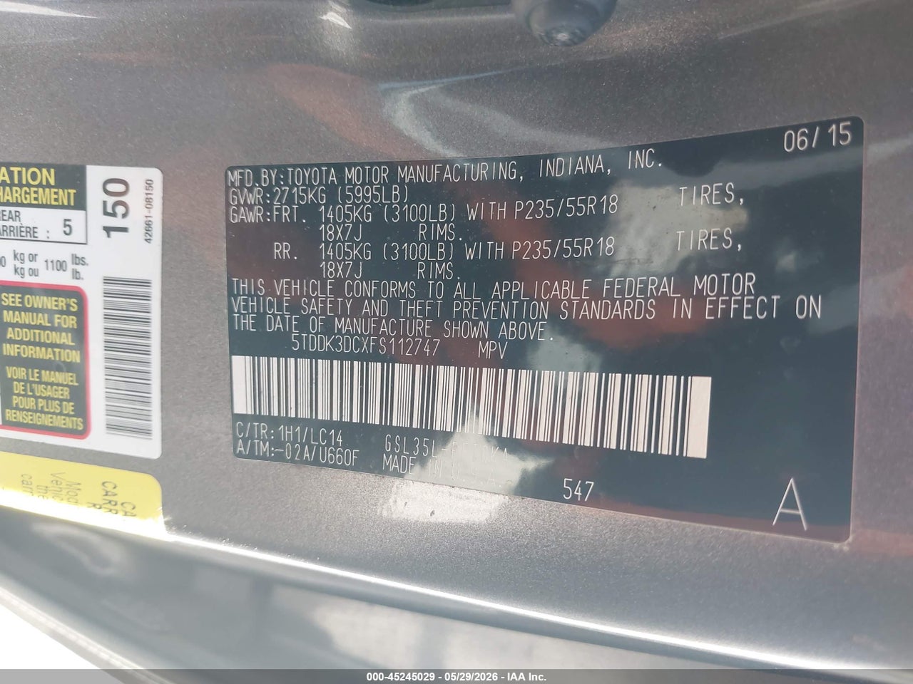 2015 TOYOTA SIENNA XLE 7 PASSENGER thumbnail 10