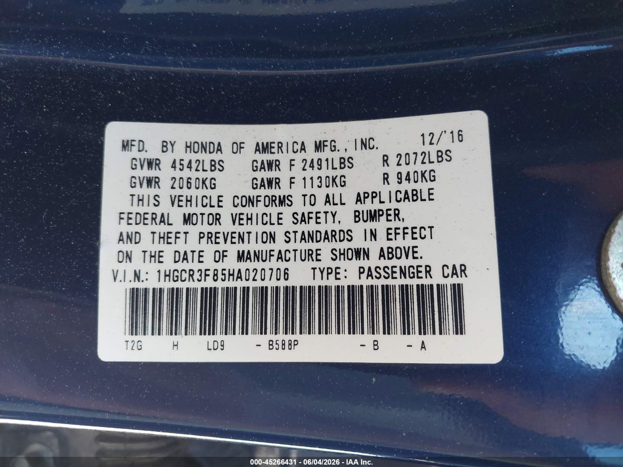2017 HONDA ACCORD EX-L V6 thumbnail 10