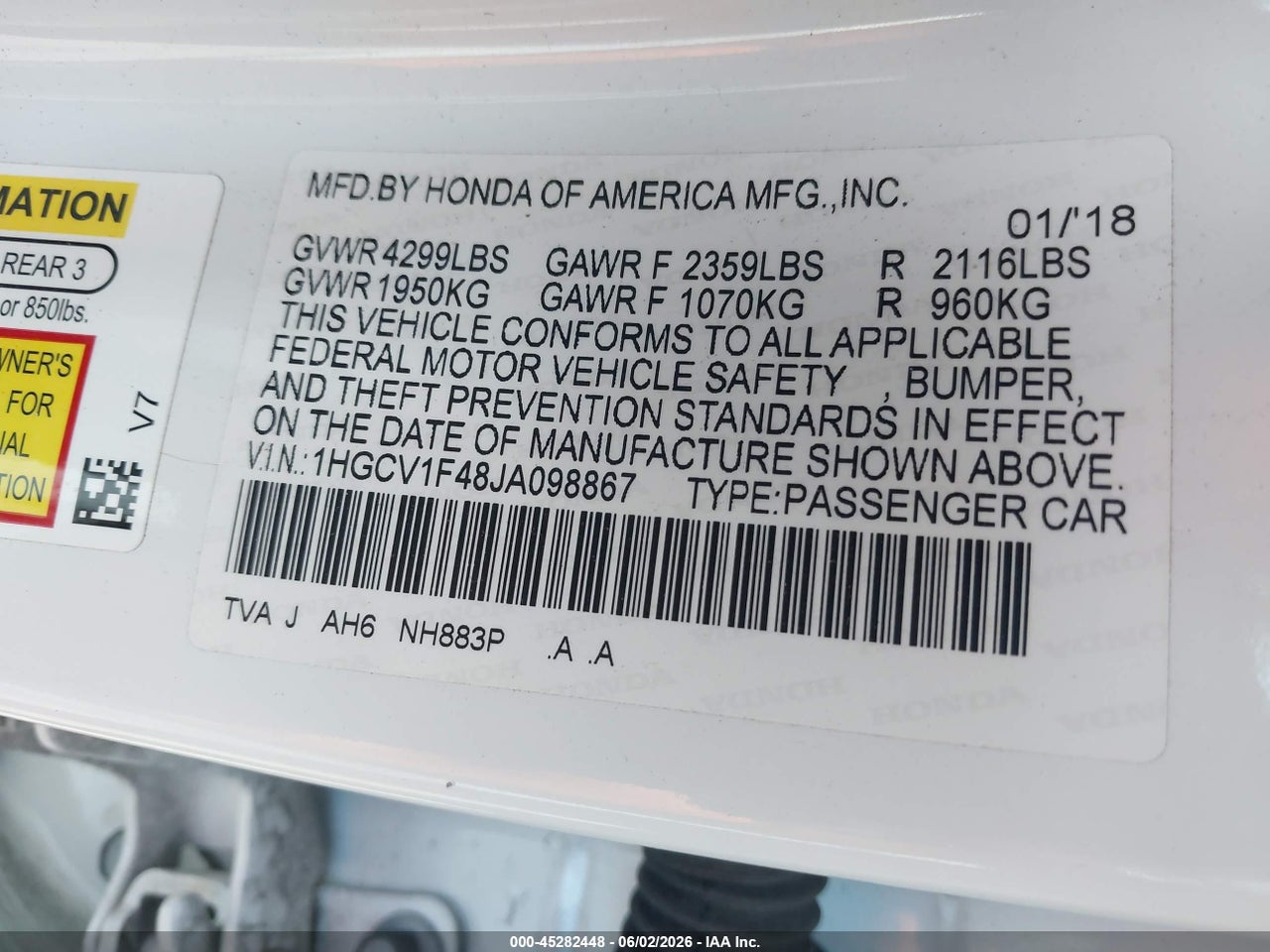 2018 HONDA ACCORD EX thumbnail 10
