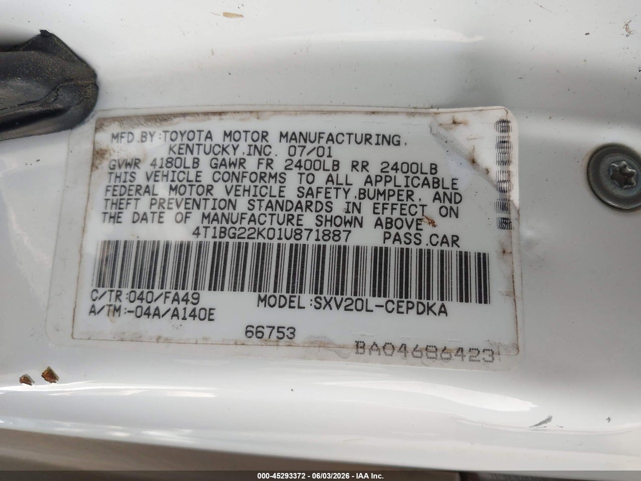 2001 TOYOTA CAMRY CE thumbnail 10