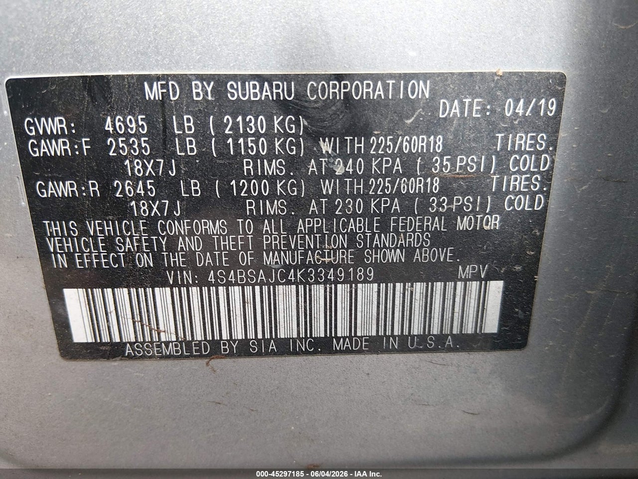 2019 SUBARU OUTBACK 2.5I LIMITED thumbnail 10