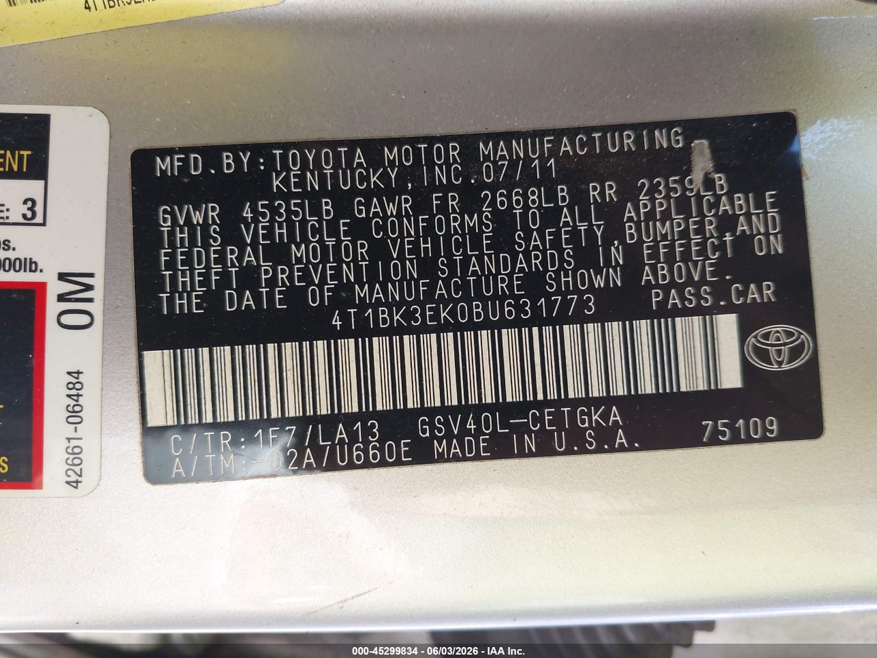 2011 TOYOTA CAMRY XLE V6 thumbnail 10