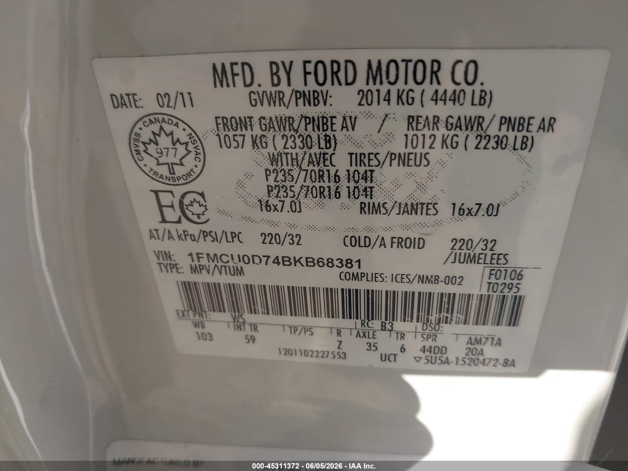 2011 FORD ESCAPE XLT AUTOMATIC thumbnail 10