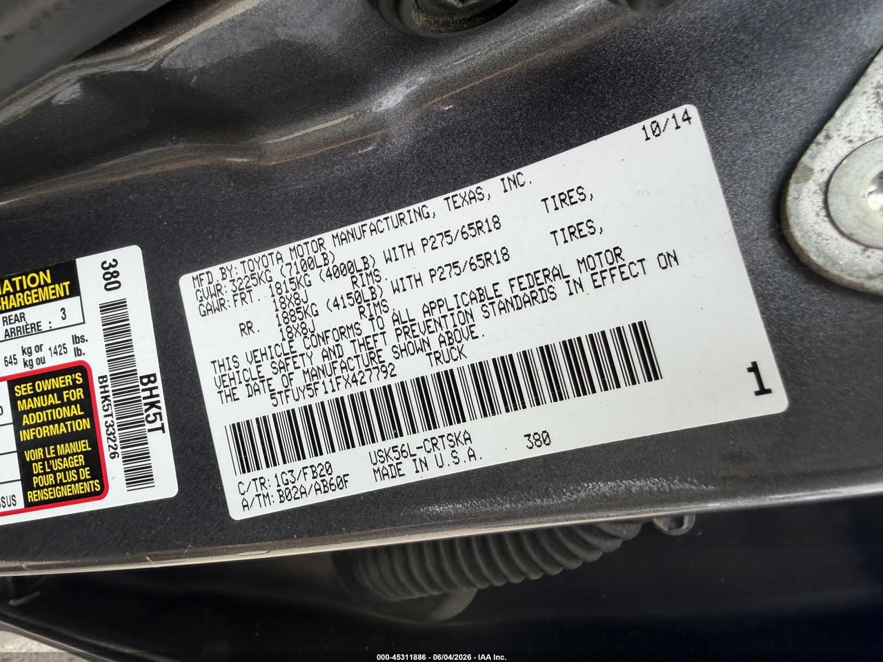 2015 TOYOTA TUNDRA SR5 5.7L V8 thumbnail 10