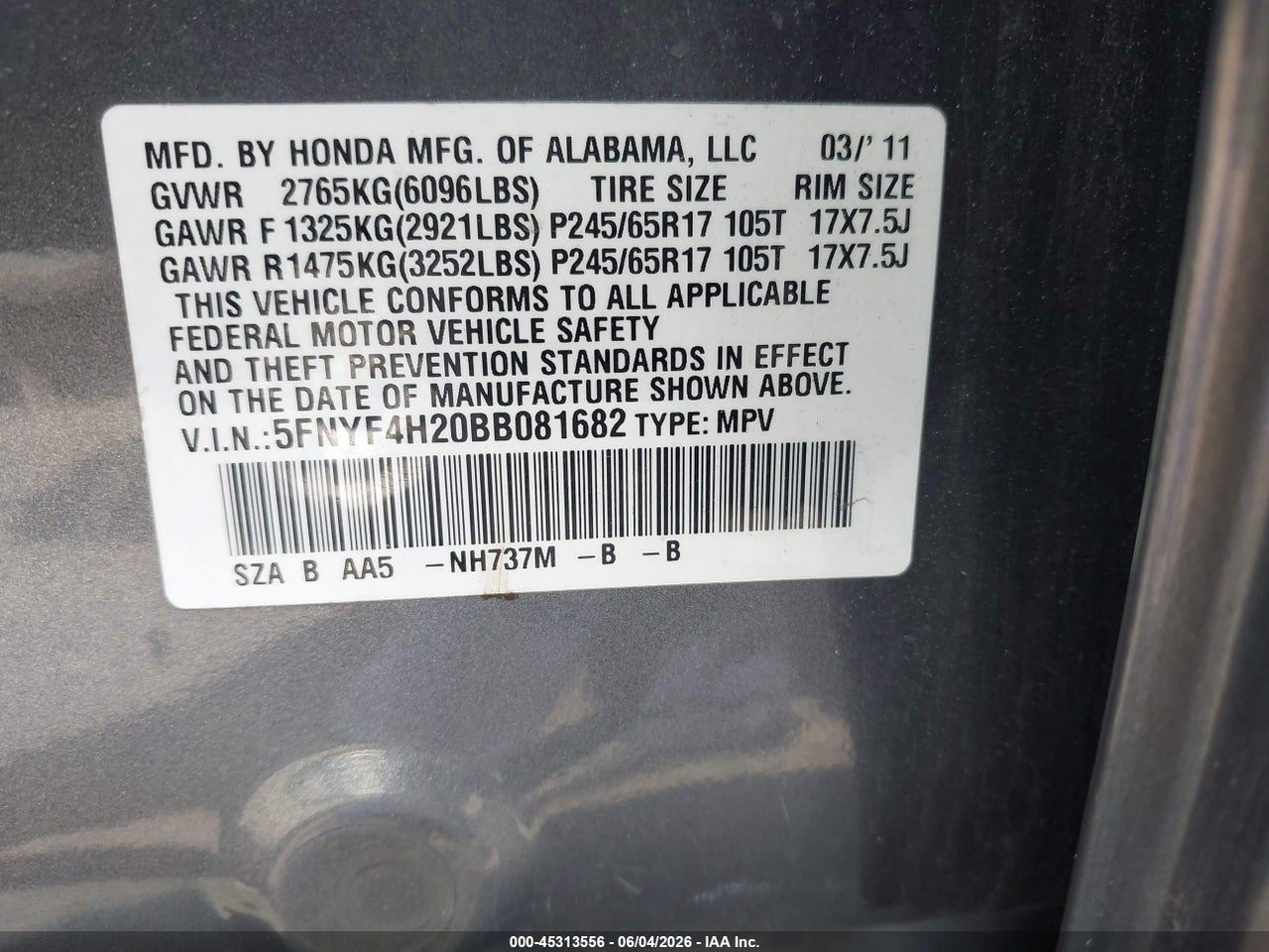 2011 HONDA PILOT LX thumbnail 10