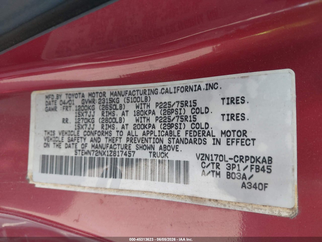2001 TOYOTA TACOMA BASE V6 thumbnail 10