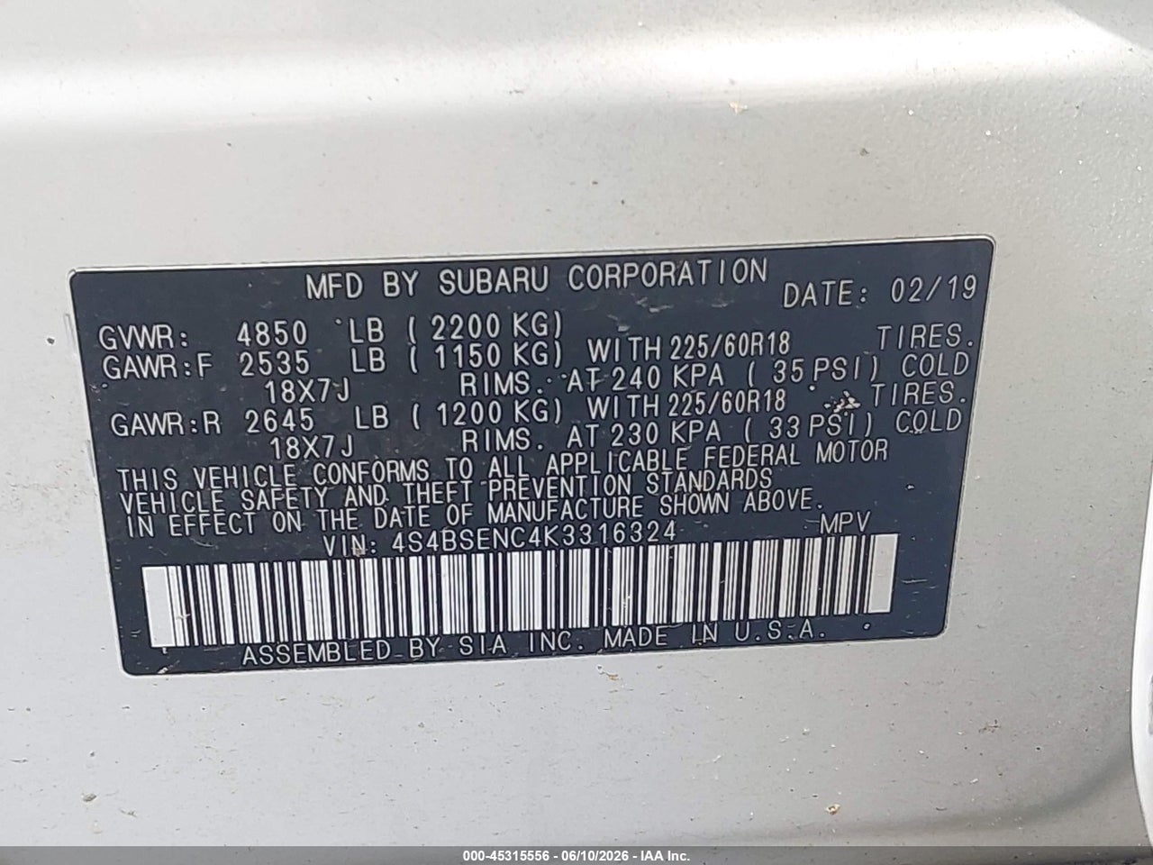 2019 SUBARU OUTBACK 3.6R LIMITED thumbnail 10