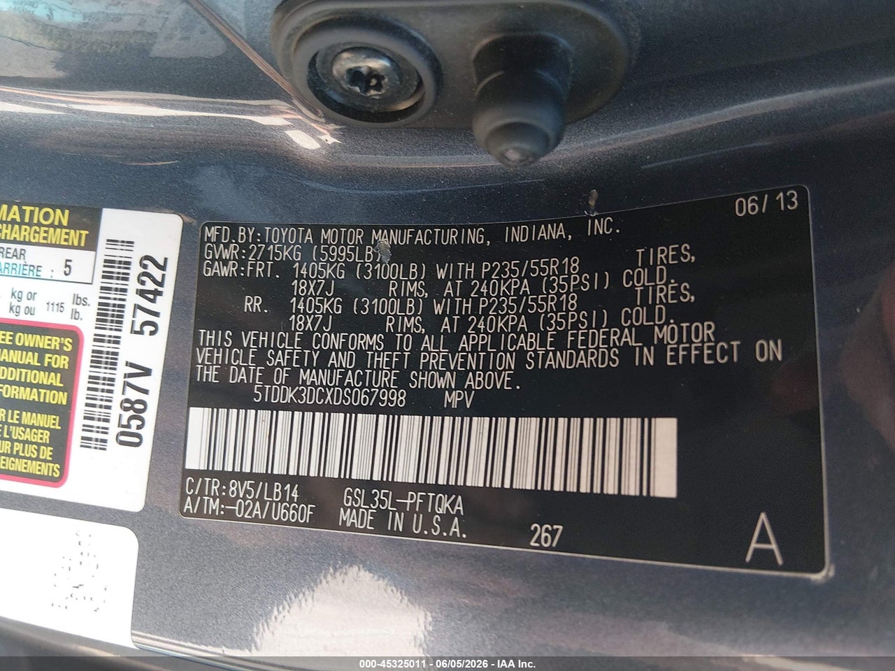 2013 TOYOTA SIENNA XLE 7 PASSENGER thumbnail 10