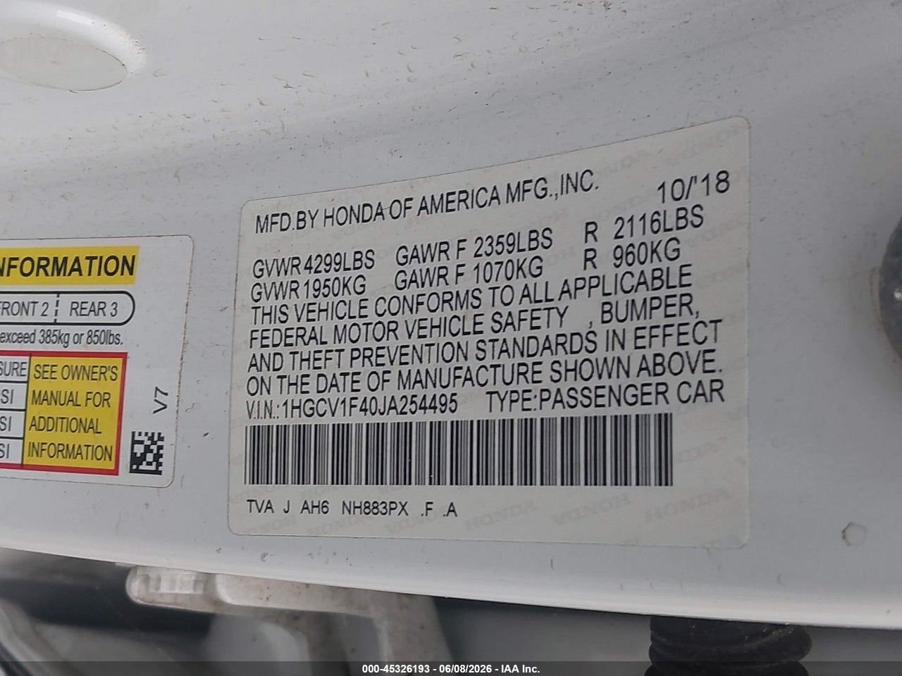 2018 HONDA ACCORD EX thumbnail 10