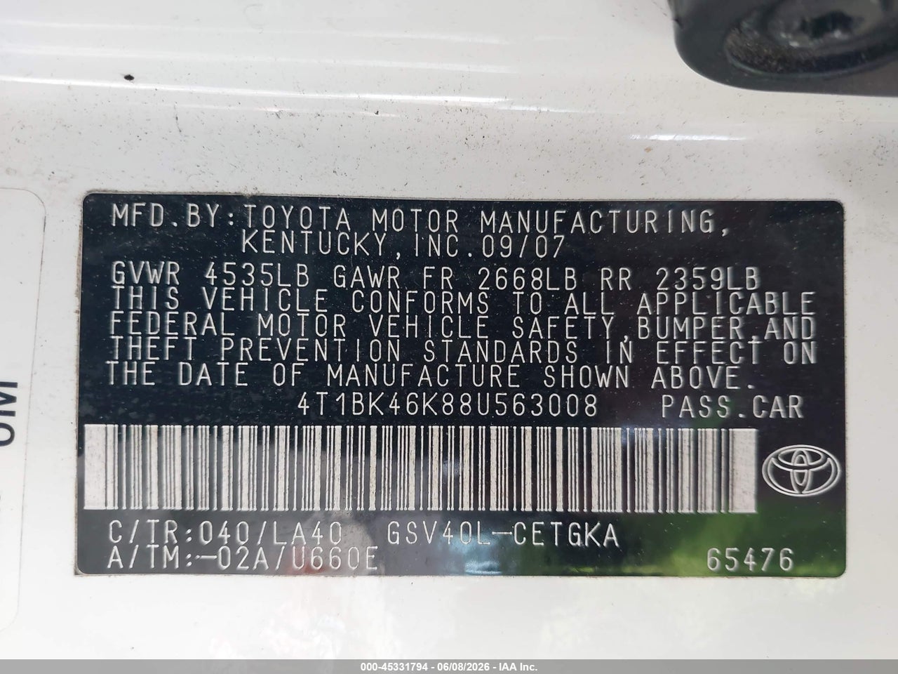 2008 TOYOTA CAMRY XLE V6 thumbnail 10