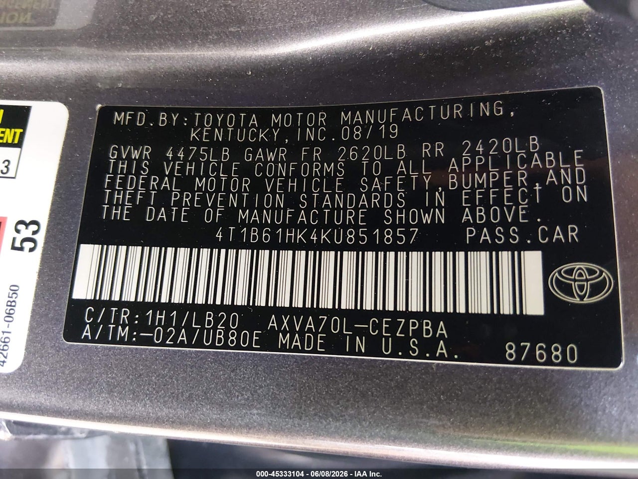 2019 TOYOTA CAMRY XSE thumbnail 10
